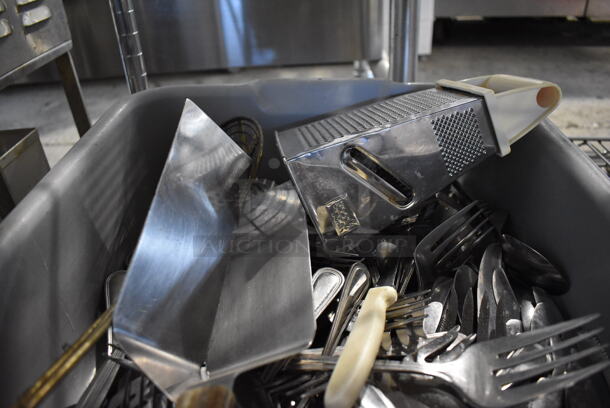 ALL ONE MONEY! Lot of Various Utensils Including Grater and Knives in Gray Poly Bus Bin - Image 4 of 4