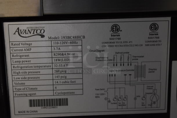 Avantco 193BC48HCB Metal Commercial Floor Style Deli Display Case Merchandiser w/ Poly Coated Racks on Commercial Casters. See Pictures For Glass Damage. 110-120 Volts, 1 Phase. 48x27x48. Tested and Working! - Image 8 of 10