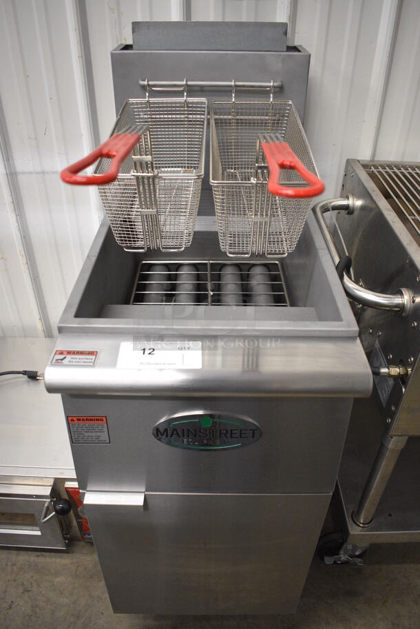 2021 Mainstreet Model 541FF50L Stainless Steel Commercial Floor Style Propane Gas Powered 50 Pound Capacity Deep Fat Fryer w/ 2 Metal Fry Baskets. 120,000 BTU. 15.5x30x47