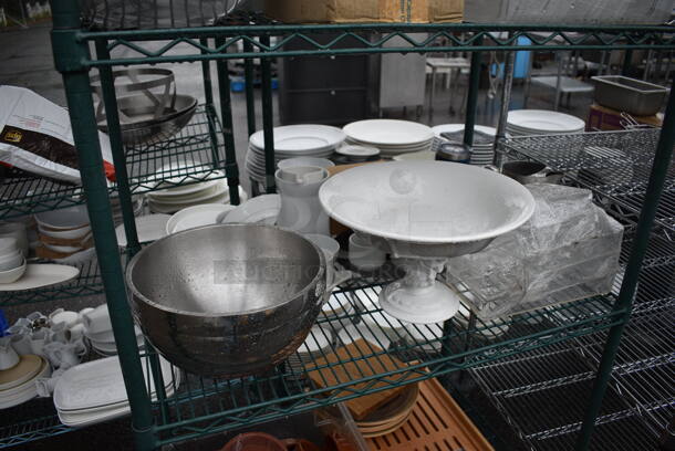ALL ONE MONEY! Lot of Metro Green Finish 4 Tier Shelving Unit on Commercial Casters w/ All Contents Including Plates, Poly Lids. BUYER MUST DISMANTLE. PCI CANNOT DISMANTLE FOR SHIPPING. PLEASE CONSIDER FREIGHT CHARGES. 36x24x80 - Image 4 of 7