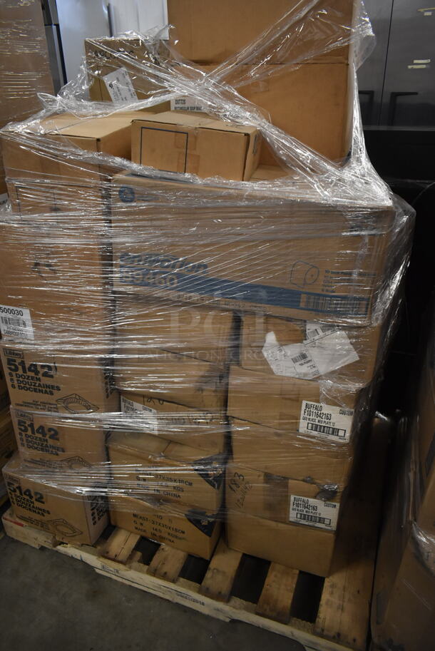 PALLET LOT of 35 BRAND NEW! Boxes Including Libbey 5142 Ashtrays, Buffalo F1011642163 Plates. 35 Times Your Bid!