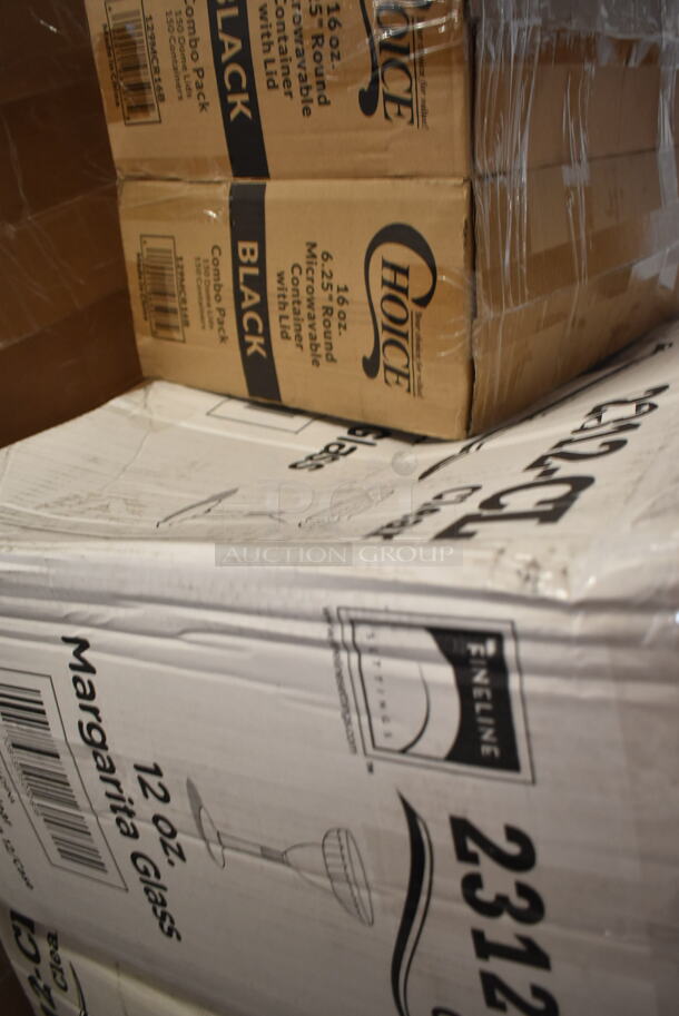 PALLET LOT of 38 BRAND NEW Boxes Including 2 Box 164CUSHWGGN Lancaster Table & Seating Spartan Series 2 1/2" Burgundy Vinyl Padded Seat for Chair and Barstool, 500COLLAR8BR EcoChoice 8 oz. Kraft Coffee Cup Sleeve / Jacket / Clutch - 1200/Case, 795PTOKFT8 Microwavable Folded Paper #8 Take-Out Container 6" x 4 5/8" x 2 1/2", 500L1020B Choice Black Paper Cup Lids, 760SOUP16WPA Choice 16 oz. White Double Poly-Coated Paper Food Cup with Vented Paper Lid - 250/Case, 2 Box 129MCR16B Choice 16 oz. Black 6 1/4" Round Microwavable Heavy Weight Container with Lid - 10/Pack, 2 Box Fineline Flairware 2312-CL 12 oz. Plastic Margarita with Clear Base - 144/Case, 5080-BK Fineline 5080-BK Super Bowl 80 oz. Black PET Plastic Bowl - 25/Case, 966TALLFLDN Choice Kraft Natural Tall-Fold 6" x 13" Dispenser Napkin - 8000/Case, 347TCL10 Choice 10 oz. Clear Disposable Plastic Tumbler - 500/Case. 38 Times Your Bid! - Image 4 of 8