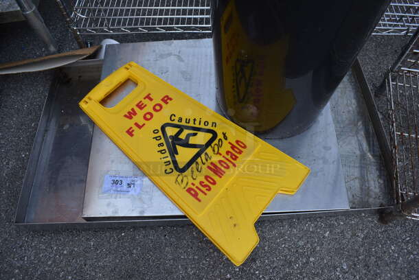 ALL ONE MONEY! Lot of Various Items Including Poly Black Trash Can, Poly Yellow Wet Floor Caution Sign and Metal Panel - Image 3 of 4