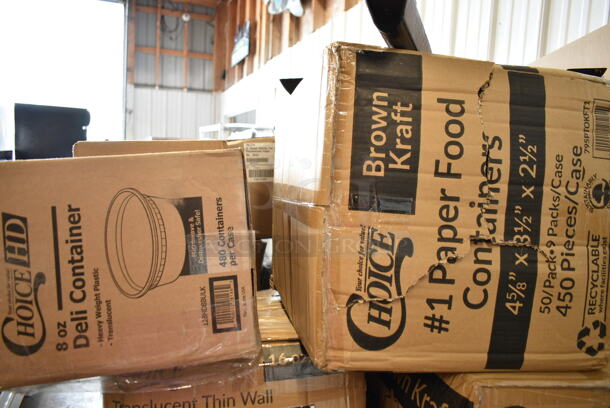 PALLET LOT of 35 BRAND NEW Boxes Including 127RD16COMBO Choice 16 oz. Customizable Microwavable Clear Round Deli Container and Lid Combo Pack - 250/Case, 433NHT100 Choice 1/6 Standard Size White "Thank You" Script Heavy-Duty Plastic T-Shirt Bag - 600/Case, 2 Box 130HCUTFWR Visions Individually Wrapped White Heavy Weight Plastic Fork - 1000/Case, 500TW16S Choice 16 oz. Translucent Thin Wall Squat Plastic Cold Cup - 1000/Case, 795PTOKFT1 Choice 4 5/8" x 3 1/2" x 2 1/2" Kraft Microwavable Folded Paper #1 Take-Out Container - 450/Case, 2 Box 128HD16COMBO ChoiceHD 16 oz. Microwavable Translucent Plastic Deli Container and Lid Combo Pack - 240/Case, 2 Box Dart 16RCLBLK Optima Black Travel Lid with Reclosable Tab - 1000/Case, 3 Box 347RP10WHSS Visions Wave 10" White Plastic Plate - 144/Case, 2 Box of BW-1025 10 oz. Customizable Polycarbonate Wine / Juice Decanter, 5002CPTENAT Lavex 2-Ply Natural Kraft Center Pull Paper Towel 510' Roll - 6/Case, 130LID18 Visions 18" Clear PET Plastic Round Catering Tray High Dome Lid - 25/Case. 35 Times Your Bid! - Image 6 of 12