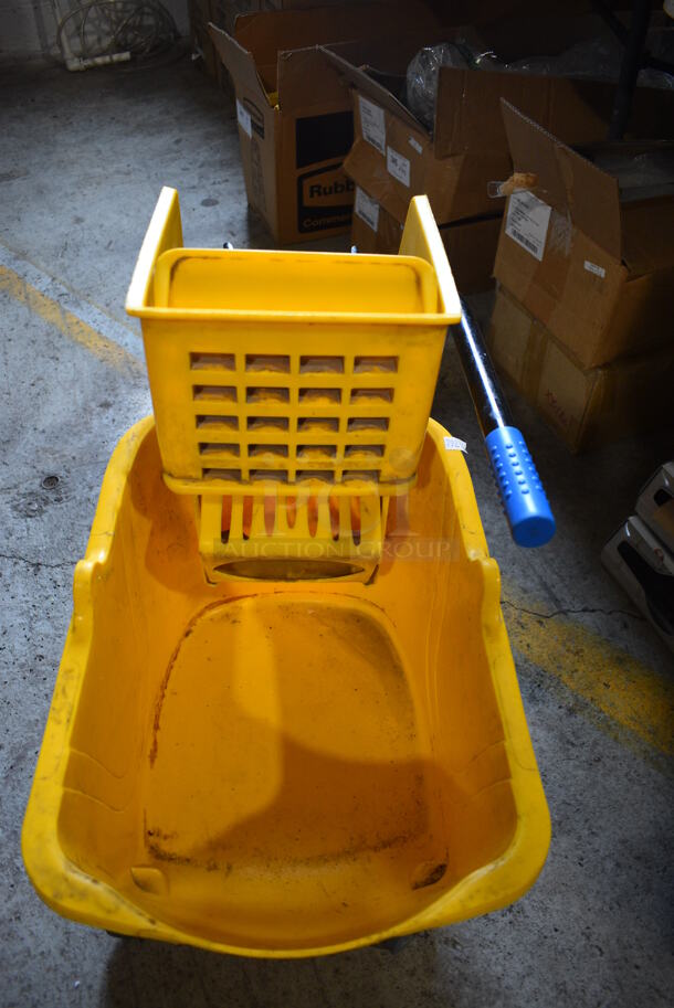 Yellow Poly Mop Bucket w/ Wringing Attachment on Commercial Casters. 13x22x25 - Image 3 of 3