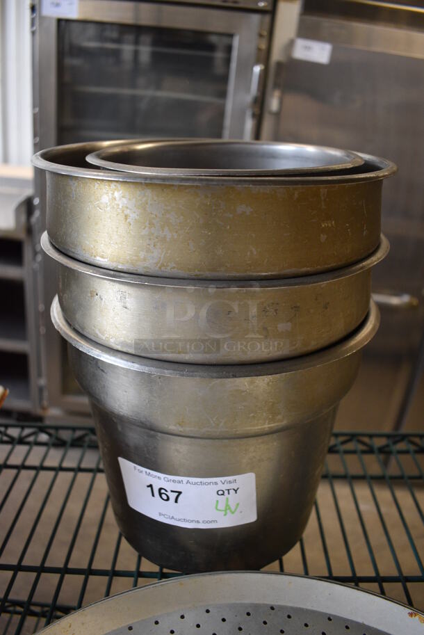 4 Various Stainless Steel Cylindrical Bins. Includes 9.5x9.5x8.5. 4 Times Your Bid!