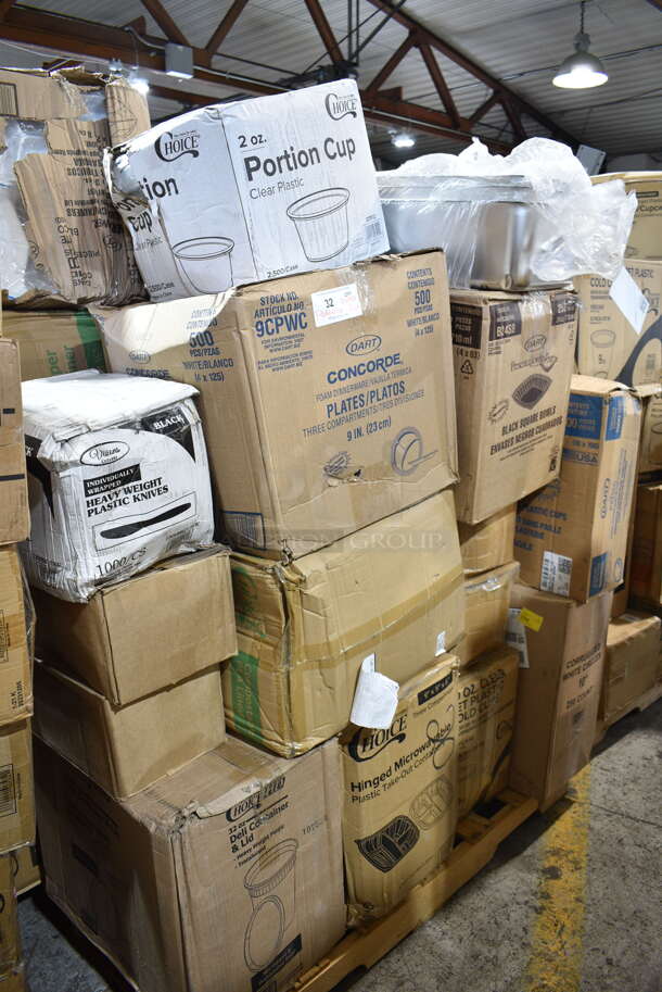 PALLET LOT of 26 BRAND NEW Boxes Including 3 Box 795PLAKFT4 EcoChoice Kraft PLA Lined Compostable #4 Take-Out Container 7 3/4" x 5 1/2" x 3 1/2" - 160/Case, ChoiceHD 32 oz. Microwavable Translucent Plastic Deli Container and Lid Combo Pack - 240/Case, Choice 2 oz Portion Cups, Dart 9CPWC Concorde 9" 3 Compartment White Non-Laminated Round Foam Plate - 500/Case, 500CC10 Choice Clear Pet Plastic Cold Cup, Corrugated White 10" Circles, Solo 626NSL Prima PET Plastic Cold Cup Strawless Lid - 1000/Case, 2 Box Dart B24SB PresentaBowls Pro 24 oz. Black Square Plastic Bowl - 252/Case, Dart 20J16 20 oz. White Customizable Foam Cup - 500/Case, Choice Blue Nylon Hairnet Cap, 128HD16BULK ChoiceHD 16 oz. Microwavable Translucent Plastic Deli Container - 480/Case, 2 Box 130HSSBK1M Visions Black Heavy Weight Plastic Soup Spoon - Case of 1000, 2 Box Visions 17" x 17" White Pre-Rolled Linen-Feel Napkin and Black Heavy Weight Plastic Cutlery Set - 100/Case, Dart 85HT3R 8" x 8" x 3" White Foam Three-Compartment Square Take Out Container with Perforated Hinged Lid - 200/Case. 26 Times Your Bid! - Image 1 of 12