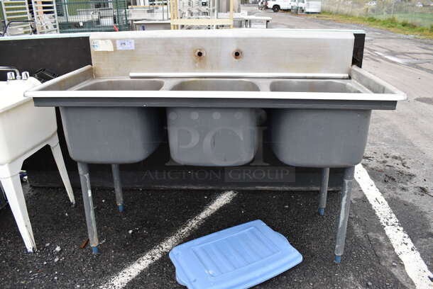 Stainless Steel Commercial 3 Bay Sink w/ Faucet and Handles. 60x28x42. Bays 17x22x11