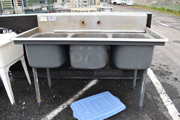 Stainless Steel Commercial 3 Bay Sink w/ Faucet and Handles. 60x28x42. Bays 17x22x11 - Image 1 of 4