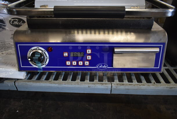 BRAND NEW SCRATCH AND DENT! 2023 Globe GPG14D Stainless Steel Commercial Countertop Electric Powered Panini Press. 120 Volts, 1 Phase. Tested and Working! - Image 2 of 7