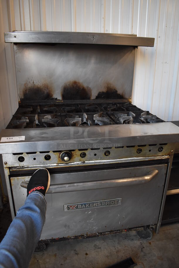Bakers Pride Stainless Steel Commercial Natural Gas Powered 6 Burner Range w/ Oven, Over Shelf and Back Splash on Commercial Casters. Oven Door Does Not Stay Closed. 36x34x57 - Image 6 of 7