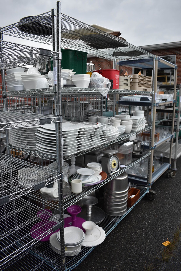 ALL ONE MONEY! Lot of 5 Tiers of Various Smallwares Including White Ceramic Plates, Dish Caddy, Scales, Cake Stands. Does Not Include Shelving Unit