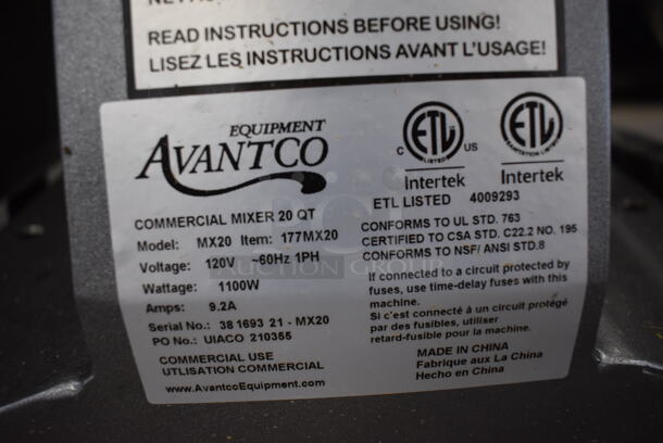 Avantco MX20 Metal Commercial 20 Quart Planetary Dough Mixer w/ Stainless Steel Mixing Bowl, Bowl Guard, Paddle, Balloon Whisk and Dough Hook Attachments. 120 Volts, 1 Phase. 19x21x32. Tested and Working! - Image 11 of 11