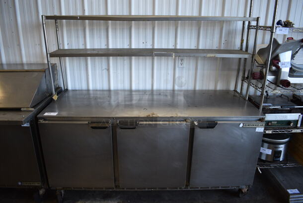 Beverage Air Model UCR72AY Stainless Steel Commercial 3 Door Work Top Cooler w/ Double Over Shelf on Commercial Casters. 115 Volts, 1 Phase. 72x30x66. Tested and Working!