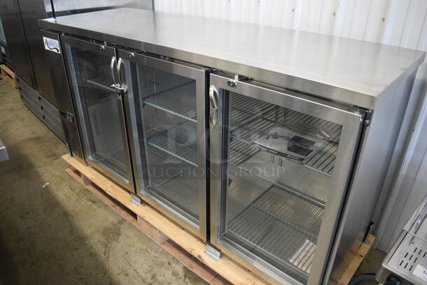 BRAND NEW SCRATCH AND DENT! Avantco 178UBB72GHCS Stainless Steel Commercial 3 Door Back Bar Cooler Merchandiser w/ Poly Coated Racks and Keys. 115 Volts, 1 Phase. 73x24.5x36. Tested and Working! - Image 1 of 10
