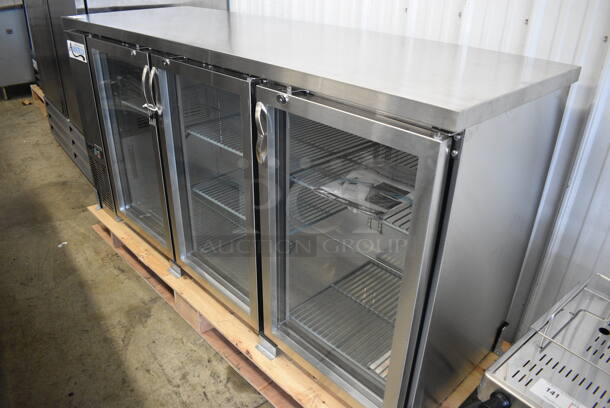 BRAND NEW SCRATCH AND DENT! Avantco 178UBB72GHCS Stainless Steel Commercial 3 Door Back Bar Cooler Merchandiser w/ Poly Coated Racks and Keys. 115 Volts, 1 Phase. 73x24.5x36. Tested and Working! - Image 2 of 10