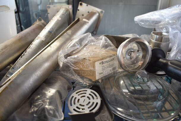 ALL ONE MONEY! Three Tier Lot of Various Items Including Blue Poly Bins, Seat Cushion, Metal Convection Oven Legs, Sink Pieces, Glass Dome Lid, 600IB2124LID Regency Stainless Steel Sliding Lid for 21" x 24" Underbar Ice Bin, Acopa Platters.  - Image 5 of 12