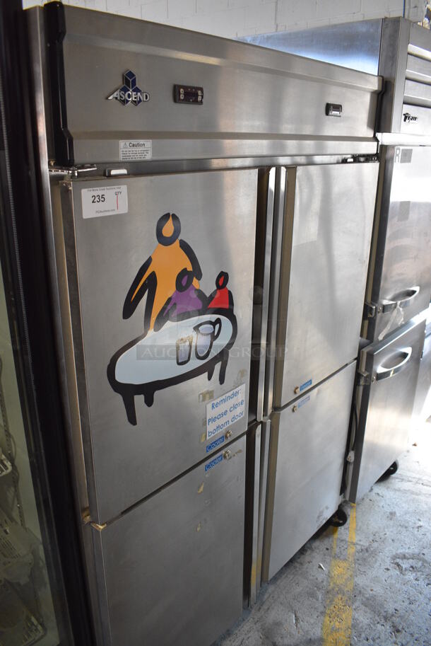 Jimex Model JHD-40DT Stainless Steel Commercial 4 Half Size Door Reach In Cooler Freezer Combo Unit w/ Poly Coated Racks on Commercial Casters. 115 Volts, 1 Phase. 50x31x76. Tested and Working!