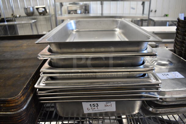 10 Stainless Steel Full Size Drop In Bins w/ 1 Lid. Includes 1/1x2.5, 1/1x4. 10 Times Your Bid!