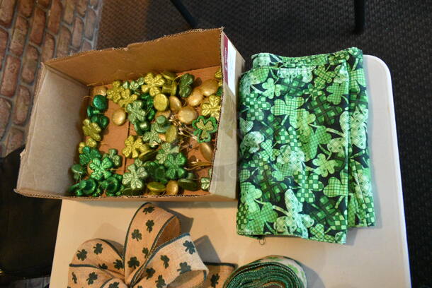 Dining Height Folding Table w/ Contents Including Glasses and St Patricks Day Decor. (booth room)  - Image 5 of 5