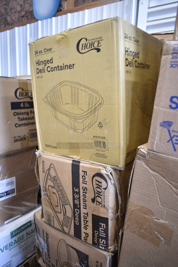 PALLET LOT of 30 BRAND NEW Boxes Including 795PTOKFT3 Choice Kraft Microwavable Folded Paper #3 Take-Out Container 7 3/4" x 5 1/2" x 2 1/2" - 200/Case, 128HD8BULK ChoiceHD 8 oz. Microwavable Translucent Plastic Deli Container - 480/Case, 2 Box 5008W Choice 8 oz Paper Hot Cups, 5 Box 502404816CL Lavex 40-45 Gallon 16 Micron 40" x 48" High Density Janitorial Can Liner / Trash Bag - 250/Case, 3 Box 128HD16BULK ChoiceHD 16 oz. Microwavable Translucent Plastic Deli Container - 480/Case, 128HD12COMBO ChoiceHD 12 oz. Microwavable Translucent Plastic Deli Container and Lid Combo Pack - 240/Case, 127CH24 Choice 24 oz. Clear RPET Hinged Deli Container - 200/Case, 500CFT Lavex White C-Fold Standard Weight Towel - 2400/Case, QHXR050 Tuxton Ramekins, 395RP07 EcoChoice Compostable Sugarcane / Bagasse 7" Plate - 1000/Case, 9PWCR Dart Plates, CCP-9-SQ 9 oz Squat Cold Cups, 2 Box 394EN502M Noble Products Powder-Free Disposable Blue Exam Grade Nitrile 4 Mil Thick Textured Gloves - Medium - 1000/Case, 966UPWIDEKFT 2-Ply Wide Interfold 6 1/2" x 8 1/2" Dispenser Napkin, Choice 16 oz Cups. 30 Times Your Bid! - Image 8 of 12