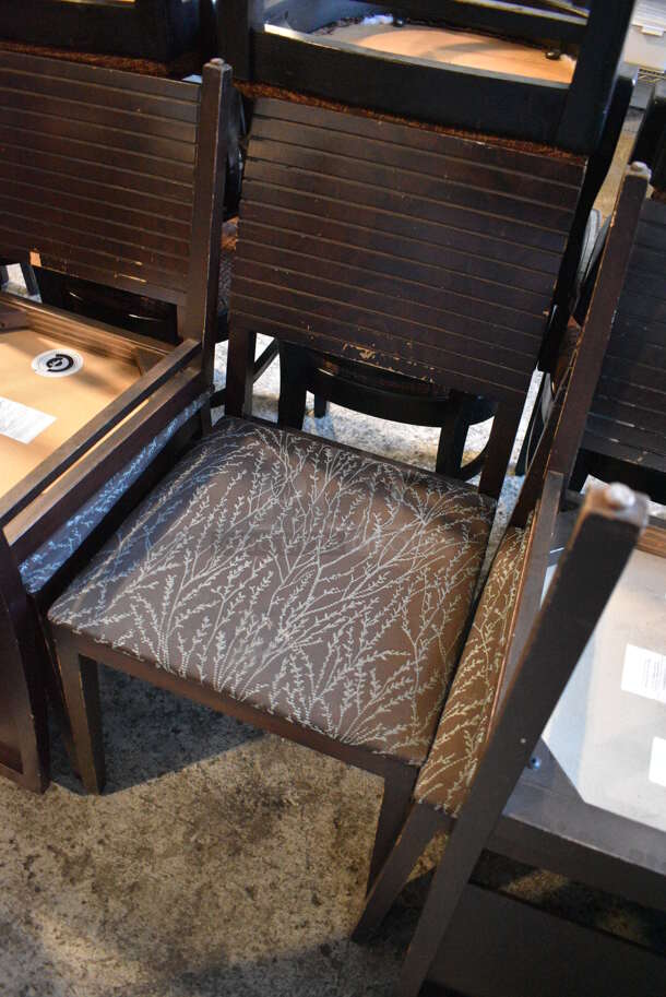 4 Wooden Dining Chairs w/ Brown and Blue Patterned Seat Cushion. 18x18x35. 4 Times Your Bid! - Image 3 of 5