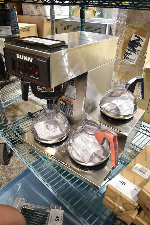 BRAND NEW SCRATCH AND DENT! 2023 Bunn VP17-3 Stainless Steel Commercial Countertop 3 Burner Coffee Machine w/ 3 Coffee Pots and Poly Brew Basket. 120 Volts, 1 Phase.  - Image 3 of 8