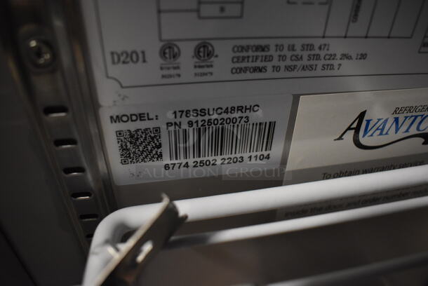BRAND NEW SCRATCH AND DENT! Avantco 178SSUC48RHC Stainless Steel Commercial 2 Door Undercounter Cooler on Commercial Casters. 115 Volts, 1 Phase. 48x30x32. Tested and Working! - Image 5 of 8