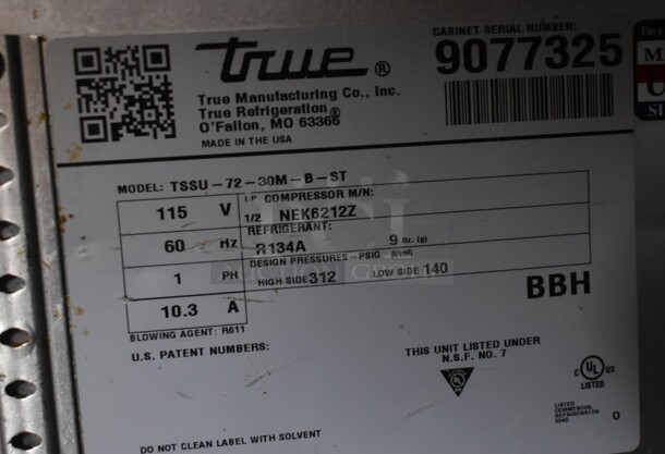 2017 True TSSU-72-30M-B-ST Stainless Steel Commercial Sandwich Salad Prep Table Bain Marie Mega Top on Commercial Casters. 115 Volts, 1 Phase. Tested and Working! - Image 5 of 8