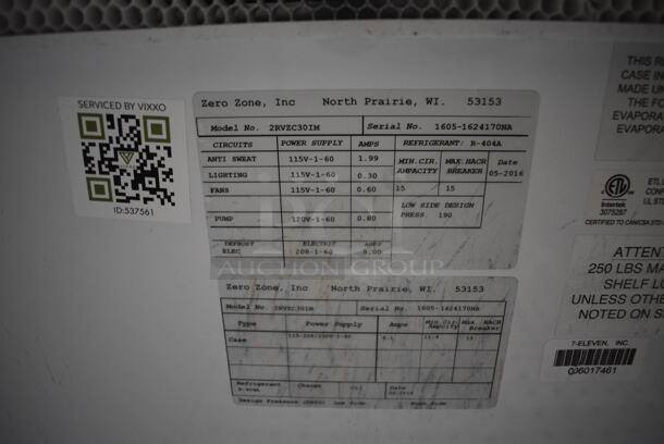 Zero Zone Model RHVZC30IM Metal Commercial 2 Door Reach In Cooler Merchandiser. Does Not Come w/ Remote Compressor. 115/208-230 Volts, 1 Phase. 66x38x80 - Image 3 of 5