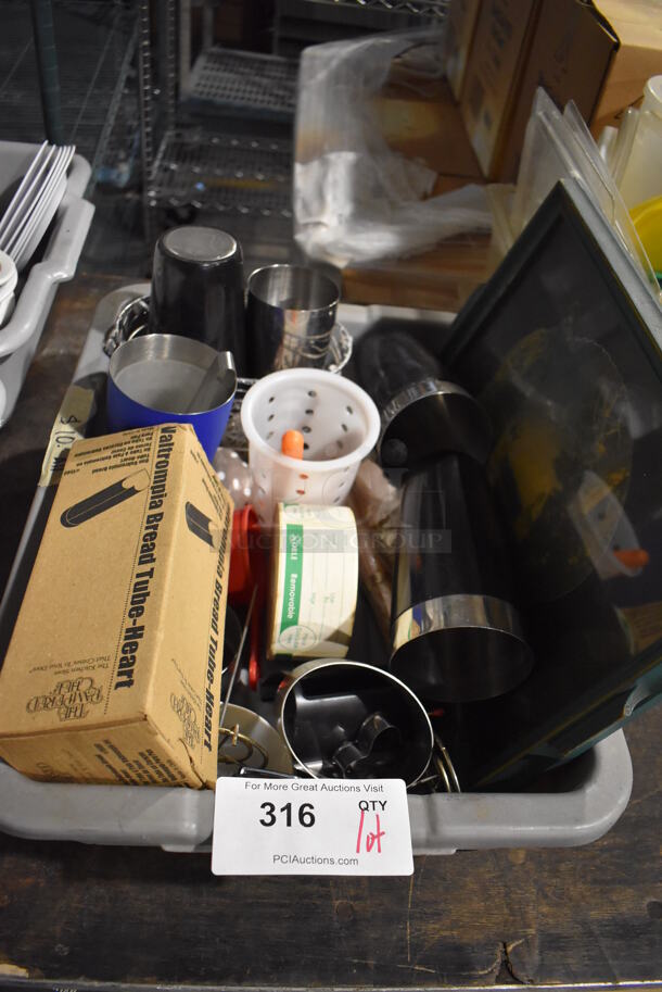 ALL ONE MONEY! Lot of Various Items Including Metal Mixing Cups and Buckets in Gray Poly Bus Bin - Image 1 of 3
