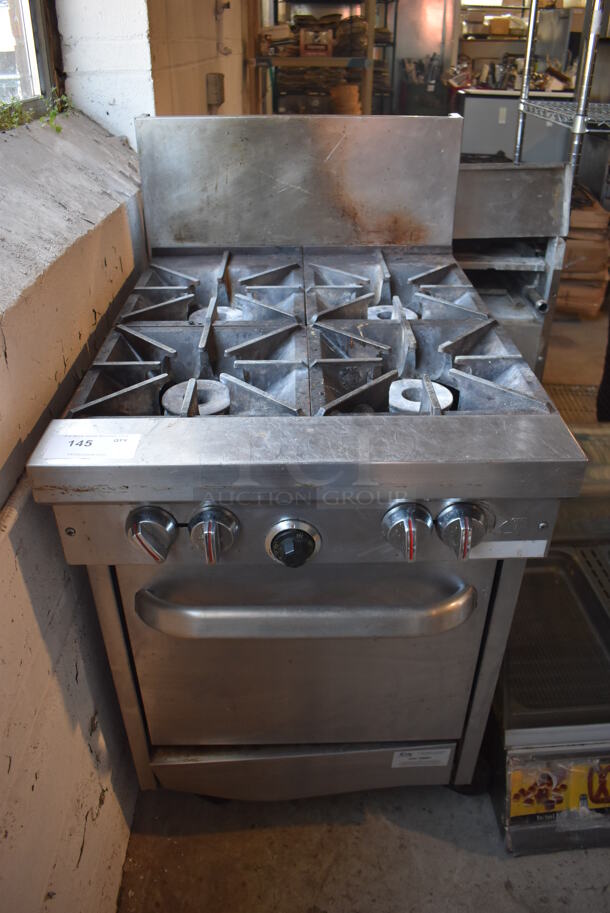 Stainless Steel Commercial Natural Gas Powered 4 Burner Range w/ Oven and Back Splash on Commercial Casters. 24x34x47