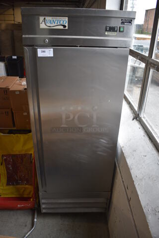 Avantco Model CFD-1RR Stainless Steel Commercial Single Door Cooler on Commercial Casters. 115 Volts, 1 Phase. 29x33x83. Tested and Powers On But Does Not Get Cold