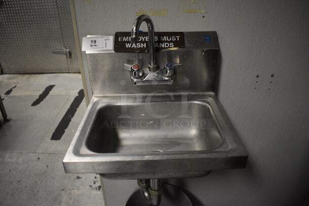 Stainless Steel Commercial Single Bay Wall Mount Sink w/ Faucet and Handles. 17x15.5x15. BUYER MUST REMOVE. (kitchen)