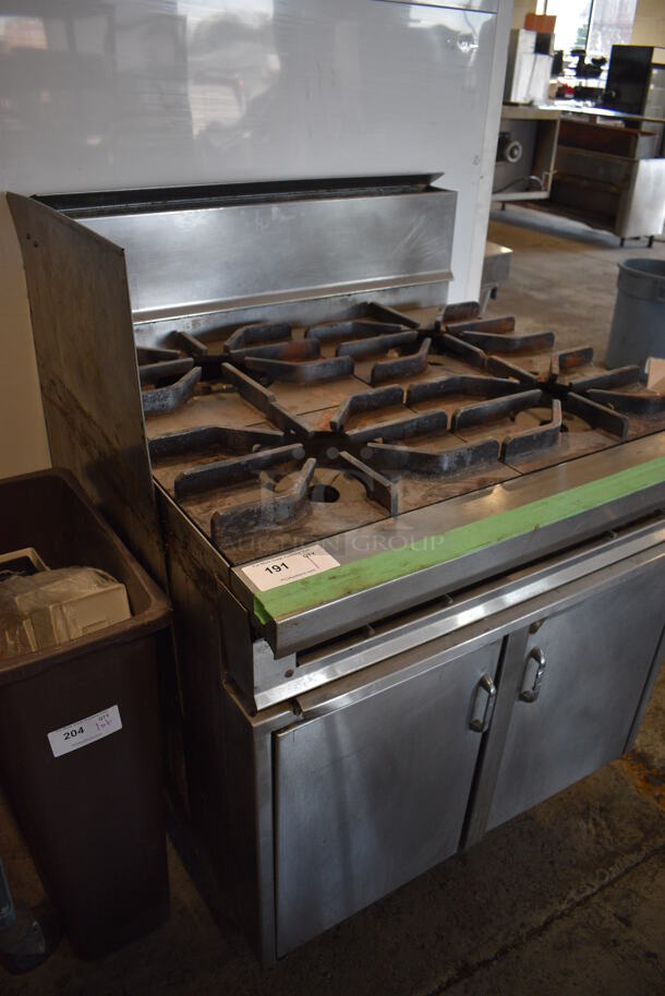 Stainless Steel Commercial Natural Gas Powered 4 Burner Range w/ Backsplash, Left Splash Guard and 2 Doors. 36x37x49 - Image 7 of 7