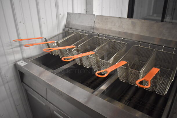 2011 Dean SCFSM350GNS Stainless Steel Commercial Floor Style Natural Gas Powered 3 Bay Deep Fat Fryer w/ 6 Metal Fry Baskets and Filtration System on Commercial Casters. 105,600 BTU. 47x30x51 - Image 6 of 11