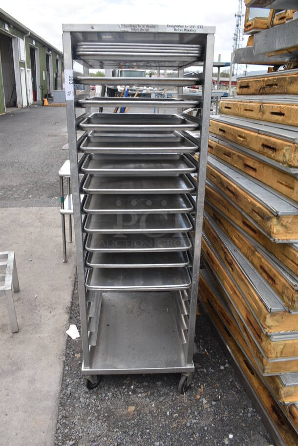 Metal Commercial Pan Transport Rack w/ 26 Full Size Metal Baking Pans on Commercial Casters.