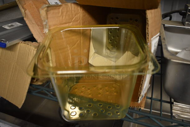 ALL ONE MONEY! Lot of 2 BRAND NEW IN BOX! Cambro Amber Colored Poly 1/6 Size Perforated Drop In Bins. 1/6x5