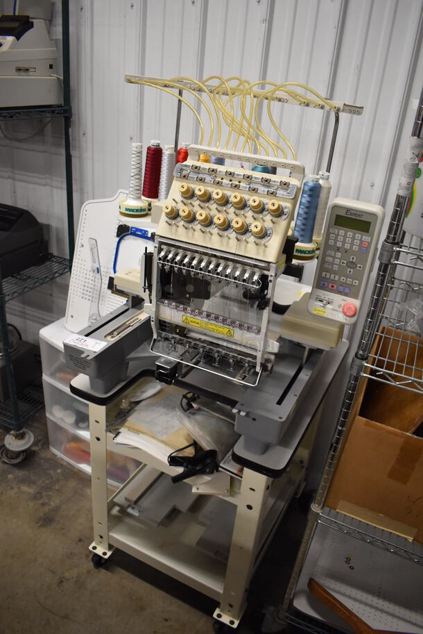 Expert Metal Commercial Floor Style Embroidery Machine on Commercial Casters w/ 2 Tiers Worth of Extra Parts, White 3 Drawer Cabinet of Thread and Pattern Board. Includes 25x34x64 - Image 3 of 12