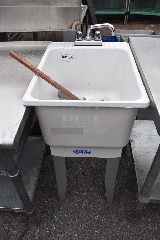 White Poly Single Bay Sink w/ Faucet and Handles.