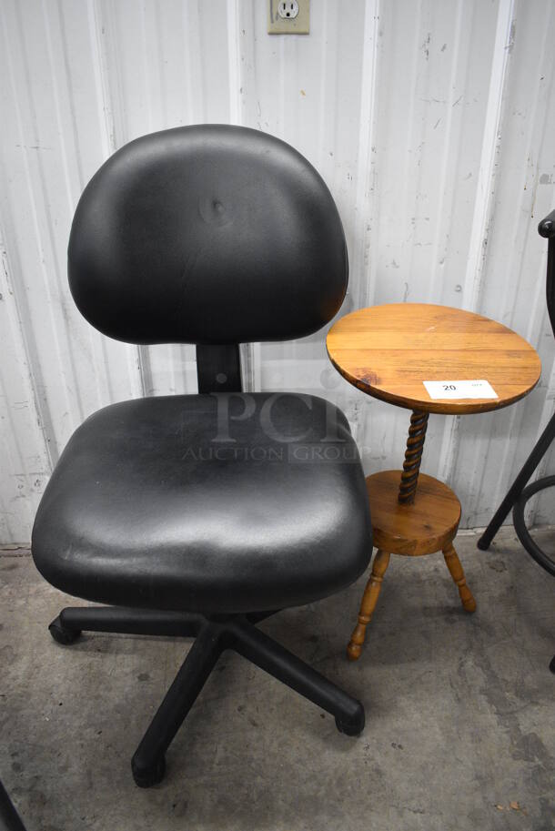 2 Various Chairs; Wooden Stool and Black Office Chair on Casters. 14x14x24, 19x22x37. 2 Times Your Bid!