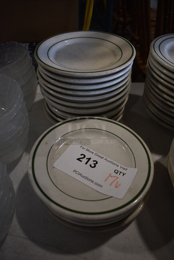 17 White Ceramic Plates w/ Green Lines on Rim. 6.5x6.5x1. 17 Times Your Bid! - Image 1 of 3