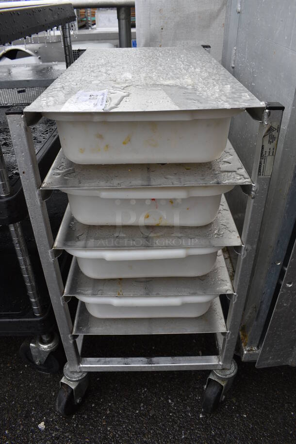 Metal Commercial Transport Rack w/ 4 White Poly Bins on Commercial Casters. 16x26x30