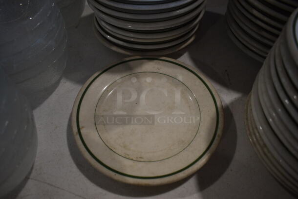 17 White Ceramic Plates w/ Green Lines on Rim. 6.5x6.5x1. 17 Times Your Bid! - Image 3 of 3