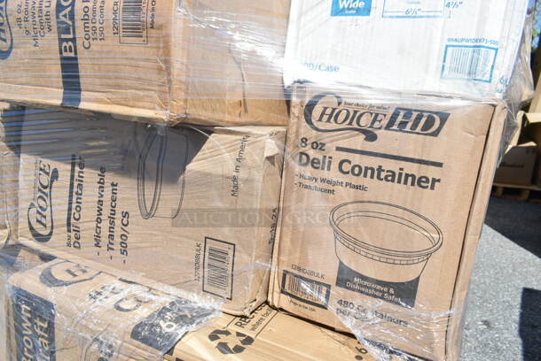 PALLET LOT of 35 BRAND NEW Boxes Including 500TO993C Choice 9" x 9" x 3" Microwaveable 3-Compartment Black / Clear Plastic Hinged Container - 100/Case, 2 box 127RD8BULK Choice 8 oz. Customizable Microwavable Translucent Round Deli Container - 500/Case, 795PTOKFT8 Choice Kraft Microwavable Folded Paper #8 Take-Out Container 6" x 4 3/4" x 2 1/2" - 300/Case, 966UPWIDEKF1-500 OneUp by Choice Kraft 1-Ply Wide Interfold 6 1/2" x 8 1/2" Dispenser Napkin - 6000/Case, 5014046 Lavex Pro 45 Gallon 3 Mil 40" x 46" Low Density Heavy-Duty Industrial Contractor Black Trash Bag / Can Liner - 50/Case, 127CH32 Choice 32 oz. Clear RPET Hinged Deli Container - 200/Case, 127DM12BULK Choice 12 oz. Ultra Clear PET Plastic Round Deli Container - 500/Case, 433NHT101 Choice 1/6 Standard Size White "Thank You" Standard-Duty Plastic T-Shirt Bag - 700/Case, 3 Box Inteplast Group PB060315H Get Reddi 6" x 3" x 15" Heavy Duty Plastic Food Bag - 1000/Case, 9991LBCBWWH Choice 4 1/4" x 9 3/4" 1 lb. White Customizable Tin Tie Cookie / Coffee / Donut Bag with Window - 100/Pack. 35 Times Your Bid!  - Image 6 of 12
