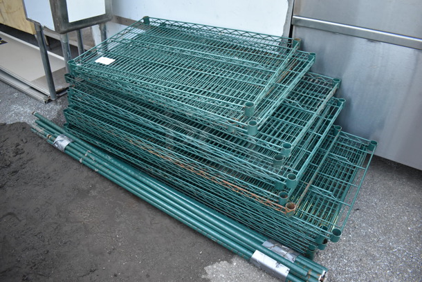 ALL ONE MONEY! Lot of 18 Green Finish Wire Shelves w/ 14 Green Finish Poles. Includes 24x36x1.5