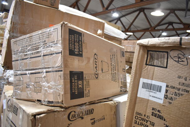 PALLET LOT of 19 BRAND NEW Boxes Including 128HD32COMBO ChoiceHD 32 oz. Microwavable Translucent Plastic Deli Container and Lid Combo Pack - 240/Case, X8 Dart Trophy Plus Cups, 2 Box 5008W Choice 8 oz. Tall White Poly Paper Hot Cup - 1000/Case, 795PTOKFT8 Microwavable Folded Paper #8 Take-Out Container 6" x 4 5/8" x 2 1/2", 760PICLWDOME Choice 5-12 oz. Clear Plastic Low Dome Lid, No Hole - 1000/Case, 129MCS242CB Choice 30 oz. Black 8 3/4" x 6" x 2 3/4" 2-Compartment Rectangular Microwavable Heavy Weight Container with Lid - 150/Case, 85HT3R Dart Foam Container, 164TS1000 Lancaster Table & Seating 10" Cast Iron Table Base Spider, 50010C Choice 10 oz. Coffee Print Poly Paper Hot Cup - 1000/Case. 19 Times Your Bid! - Image 4 of 9