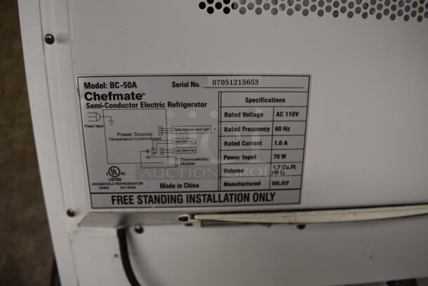 Chefmate Model BC-50A Metal Mini Cooler. 110 Volts, 1 Phase. 20x20x20. Tested and Powers On But Temps at 52 Degrees - Image 6 of 6