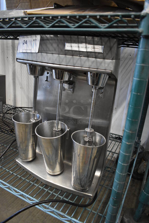 Hamilton Beach Metal Commercial Countertop 3 Head Milkshake / Drink Mixer w/ 3 Metal Cups. 14x8x20. Tested and Working! - Image 3 of 5