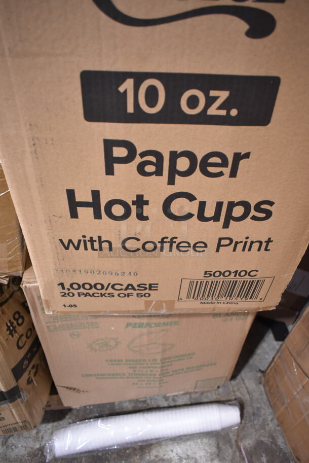 PALLET LOT of 19 BRAND NEW Boxes Including 128HD32COMBO ChoiceHD 32 oz. Microwavable Translucent Plastic Deli Container and Lid Combo Pack - 240/Case, X8 Dart Trophy Plus Cups, 2 Box 5008W Choice 8 oz. Tall White Poly Paper Hot Cup - 1000/Case, 795PTOKFT8 Microwavable Folded Paper #8 Take-Out Container 6" x 4 5/8" x 2 1/2", 760PICLWDOME Choice 5-12 oz. Clear Plastic Low Dome Lid, No Hole - 1000/Case, 129MCS242CB Choice 30 oz. Black 8 3/4" x 6" x 2 3/4" 2-Compartment Rectangular Microwavable Heavy Weight Container with Lid - 150/Case, 85HT3R Dart Foam Container, 164TS1000 Lancaster Table & Seating 10" Cast Iron Table Base Spider, 50010C Choice 10 oz. Coffee Print Poly Paper Hot Cup - 1000/Case. 19 Times Your Bid! - Image 9 of 9